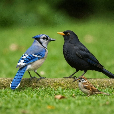 Diverse urban birds thriving in a green city park setting, symbolizing urban biodiversity and conservation efforts, no text, no words, no typography, 8K, natural lighting