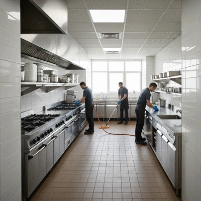 A commercial kitchen being professionally cleaned to prevent pests