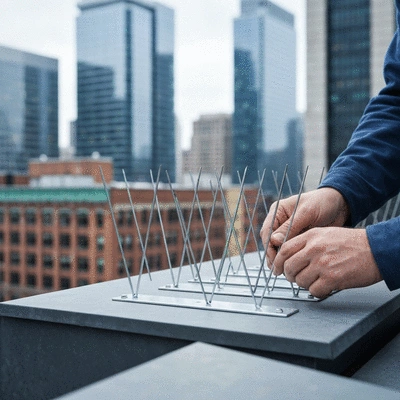 Technician installing bird spikes on a building ledge, focus on the spikes, urban background, no text, no words, no typography, 8K