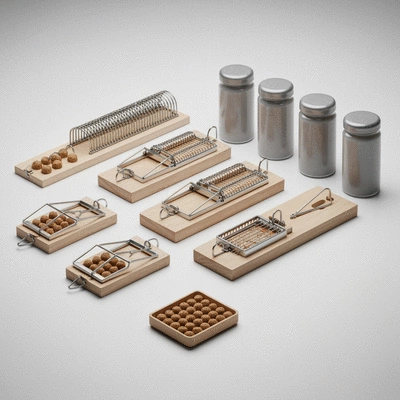 Various pest control tools for rodents, including traps and bait stations