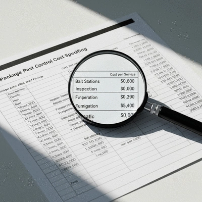 Magnifying glass over a spreadsheet with cost calculations for pest control, no text, no words, no typography, clean image