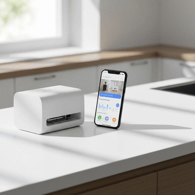 Modern smart rodent trap with a smartphone showing monitoring app