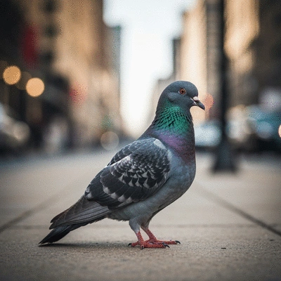 Pigeon in an urban setting with a blurred city background, clean image
