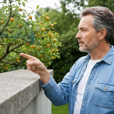 Homeowner evaluating bird activity on their property, looking at a garden with bird deterrents