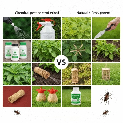 Side-by-side comparison of chemical and organic pest control methods, showing different tools and products, clean and professional, no text, no words, no typography, clean image