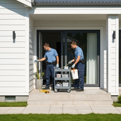 Pest control specialists inspecting a home