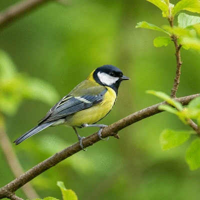 Detailed photo of a Great Tit perched on a branch in Sheffield, showing its yellow breast and black stripe, with a blurred natural background, no text, no words, no typography, 8K, natural lighting