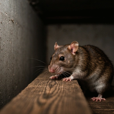 Brown rat gnawing on wooden beam in a dark, urban basement setting, no text, no words, no typography, clean image