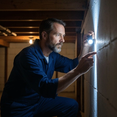 Professional pest control technician inspecting a wall for rodent entry points with a flashlight, no text, no words, no typography, clean image