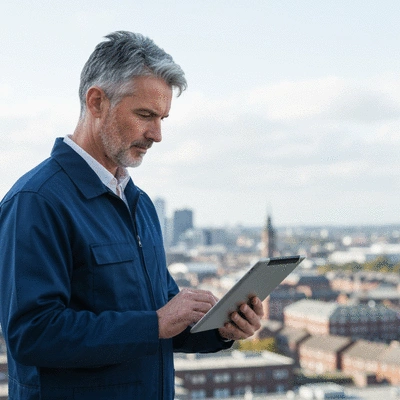 Pest control professional reviewing regulations on a tablet, with a cityscape of Sheffield in the background, clean image