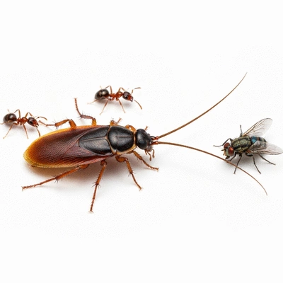 Magnified view of common insect pests like ants, cockroaches, and flies on a clean background
