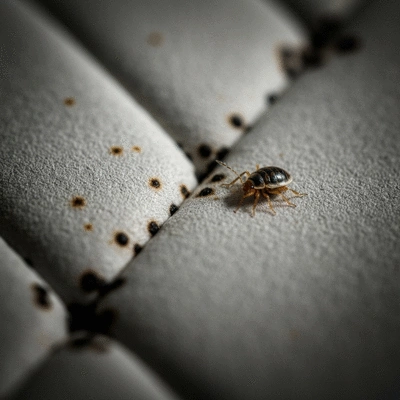 Close-up of a bed bug infested mattress seam showing fecal spots and a bed bug