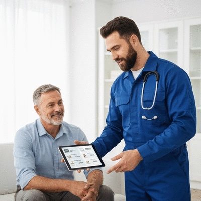 Professional pest control technician explaining costs to a homeowner
