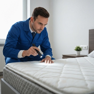 Pest control specialist inspecting a room for bed bugs with a flashlight