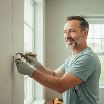 Homeowner sealing a crack in a wall to prevent pest entry