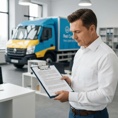 Professional pest control technician examining a commercial contract on a clipboard with a pest control truck in the background