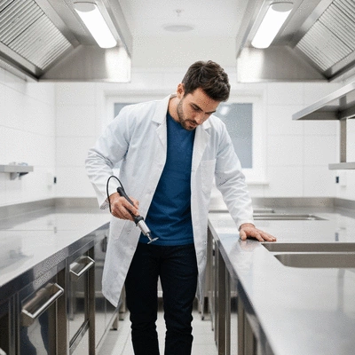 Professional pest control technician inspecting a commercial kitchen in Sheffield, clean and well-lit, no text, no words, no typography, clean image