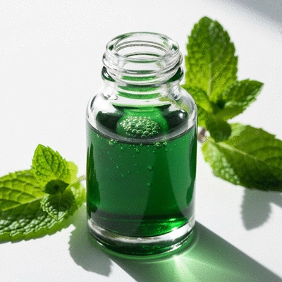 Close-up of peppermint oil bottle with fresh mint leaves, symbolizing natural rodent repellent