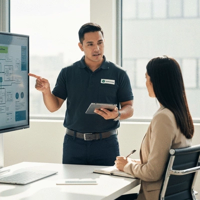 Professional pest control technician explaining IPM strategy to a business owner, modern office setting, no text, no words, no typography