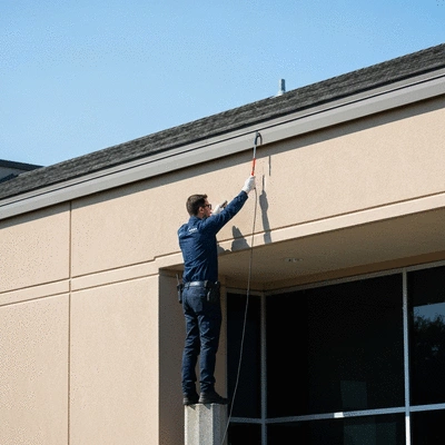 Commercial building with pest control technician inspecting exterior