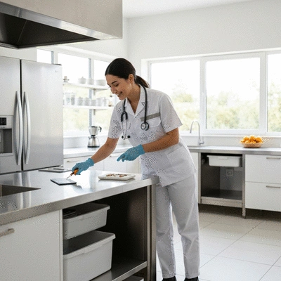 Pest control professional inspecting a commercial kitchen