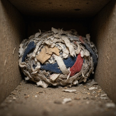 Rodent nest made from shredded paper and fabric in a dark corner