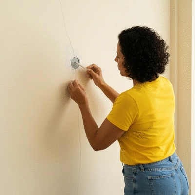 Person sealing a crack in a wall, emphasizing pest prevention
