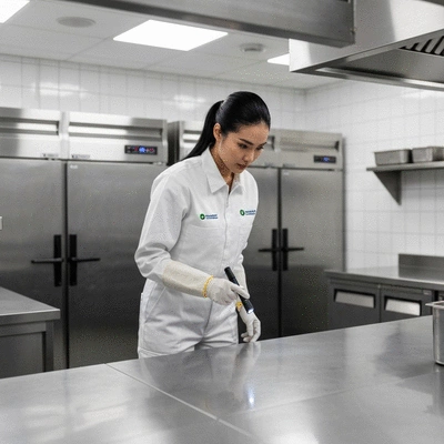 Pest control technician inspecting a commercial kitchen, clean, professional, no text, no words, no typography